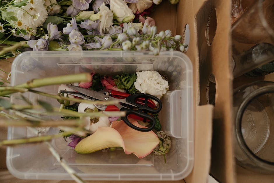 A clear plastic storage box containing various cut flower stems, including a large pale pink calla lily, white carnations, and purple and white delicate flowers, with a pair of black-handled scissors 