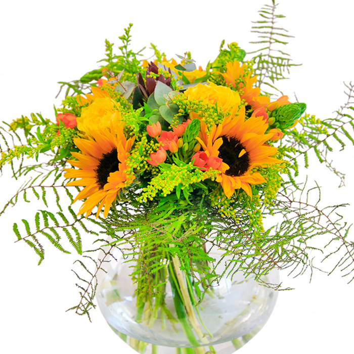 A celebration of sunlight and joy, this bouquet shines from its glass vessel much like the elegant arrangements found in South Hackney artisan studios. Plump sunflowers are the stars, radiating with golden-yellow petals and bold brown centers that anchor the design with warmth-reminiscent of wildflowers growing beside Regent's Canal in late summer. Complementing the sunflowers, yellow garden roses spiral open in layers of buttery softness, their scent delicate and inviting. Sprays of red hypericum berries add an unexpected twist, scattered among the greenery to provide visual delight akin to the vibrant stalls at Hackney's famed flower markets. Cascading ferns and light sprigs of goldenrod extend outward, adding lively motion and echoing the lush feel of local community gardens. Eucalyptus leaves and slender spikes of green create additional depth and a hint of woodland coolness, enhancing the bouquet's complexity. The stems are proudly displayed in the round, clear glass vase-a modern touch that showcases both the artistry and freshness of South Hackney's florists. This arrangement, with its interplay of saturated colours and dynamic textures, would make a fitting gift for joyful celebrations-birthdays, anniversaries, or simply marking a personal milestone in this vibrant East London neighbourhood.