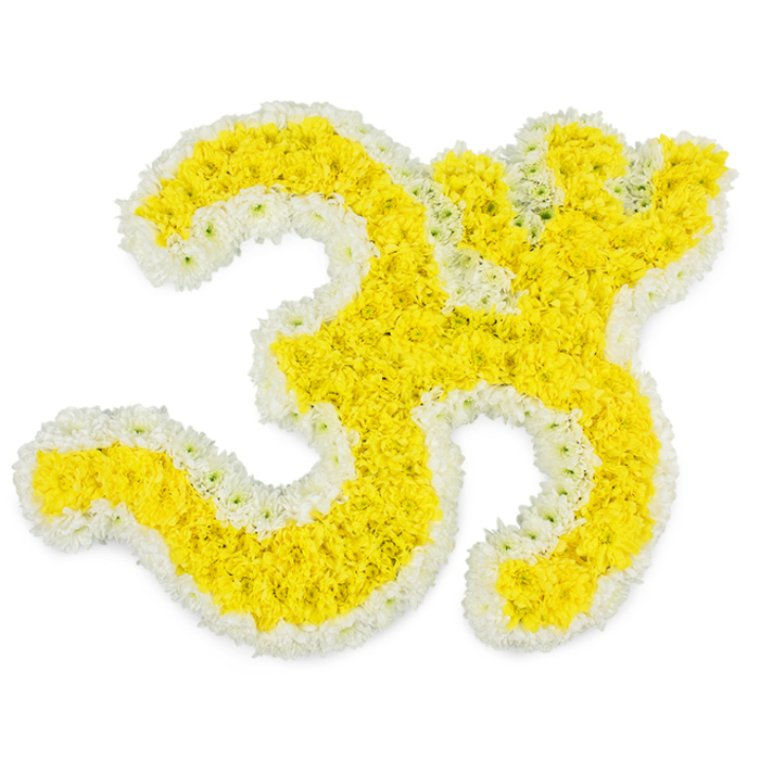 Here we see a large, reverent floral composition depicting the Om (Aum) symbol entirely in fresh blossoms, meticulously arranged to convey both devotion and calm. The dominant colour is a rich, sunny yellow, created by countless tiny blooms-most likely miniature chrysanthemums or marigolds-that have been placed petal to petal until they form a continuous, cushiony layer. This yellow field shapes every twist and loop of the Om, from the broad, grounding curve at the base to the tighter upper form and the small detached dot at the top right, so that even someone only vaguely familiar with the symbol would recognise it instantly. Encircling this golden form is a flawless edging of pure white flowers, each bloom turned outward like a delicate ruffle, giving the icon a refined, almost luminous outline. The plain white background and bright, diffused lighting ensure that nothing competes with the arrangement; the yellow seems to glow with inner warmth while the white rim exudes stillness, like a ring of silence around a sacred sound. One can imagine this piece arranged by Florist South Hackney for a Hindu funeral or remembrance service, delivered to a quiet address near London Fields where the family has gathered. Perhaps it rests beside framed photographs and flickering candles, the mild fragrance of the flowers mingling with incense and whispered prayers. In its careful symmetry and flowing shapes, the floral Om expresses themes of continuity, soul journey, and universal connection. It feels both personal and timeless-a respectful way to honour a life while drawing comfort from long-held spiritual traditions.