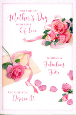Laid out against a crisp white background, this Mother's Day card looks as though a florist in South Hackney has carefully arranged a flat bouquet of roses for the camera. Clusters of lush pink roses drift across the card in an easy diagonal, some blooms nestled closely together, others spaced a little apart to let light and air in. The roses themselves are painted with remarkable softness, each petal shaded from gentle blush to a more saturated rose-pink at the centre, giving the flowers a velvety, almost touchable realism, much like the roses you might spot in the community gardens edging Victoria Park. A scattering of loose petals is artfully placed around the main clusters, as if the flowers have just been gently shaken, leaving behind a trail of colour that feels both romantic and slightly nostalgic. Intertwined with the florals is an affectionate Mother's Day message, written in sweeping, cursive script that arcs and curls around the roses, echoing their rounded shapes. The lettering feels personal and hand-drawn, like a message written at a kitchen table overlooking the quiet streets around Well Street. A pale ribbon loops and winds gracefully through the central arrangement, tying the visual elements together in the same way a florist's ribbon completes a hand-tied bouquet destined for local delivery. Soft, even lighting washes over the scene without harsh shadows, lending the image a calm, serene mood that suggests early spring daylight. Altogether, the card feels like a gentle embrace expressed through flowers: graceful, heartfelt, and perfectly suited to saying "thank you for everything" to a cherished mum.