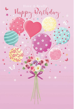 This charming birthday card artwork captures the lively yet relaxed spirit of South Hackney, as if a small party were rising above the rooftops near London Fields. A cluster of balloons forms the focal point, floating upward from the centre in a joyful sweep of pastel colour. Each balloon has its own pattern and personality: some swirl with candy-striped ribbons, others are dotted with cheerful spots, while a few are decorated with delicate floral and swirl motifs, like confetti tossed into the air. The colours-rose pink, teal, lemon yellow, lavender, and soft sea green-blend harmoniously, recalling the eclectic mix of shopfronts and homes around Well Street. Beneath this airy bouquet, a hand-tied arrangement of real flowers appears to bloom into the scene. Roses and daisy-like blossoms, shaded from cream to blush and gentle mauve, cluster together in a lush, rounded shape, the petals textured and velvety, as though carefully prepared for birthday delivery by Florist South Hackney. The flowers mirror the colours of the balloons above, creating a sense of thoughtful coordination and quiet luxury. At the base, a small purple ribbon is tied neatly around the gathered stems, its satin folds adding a subtle sparkle and finishing touch. The lighting feels soft and welcoming, like daylight filtering through a window in a South Hackney flat, enhancing the sense of intimacy and warmth. The entire composition feels whimsical yet elegant, perfect for bringing a smile and a real sense of occasion to a birthday celebration, whether enjoyed at home or in one of the neighbourhood's cosy cafés.