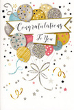 The congratulations card in view feels like a pocket-sized party, much like an intimate celebration shared in a South Hackney living room after good news. In the centre, a cheerful bouquet of illustrated balloons gently rises, each balloon designed with soft roundness and a luminous sheen. The palette blends rich gold and silver with champagne tones, airy sky blues, delicate blush pinks, and gentle greys, creating a harmonious, uplifting mix of colour. Some balloons are decorated with twinkling stars that resemble reflections of evening lights, while others feature slim metallic stripes or fine speckles of glitter that catch the eye. Their ribbons trail down in elegant strokes of gold and silver, curving and looping together before gathering in a stylish flourish, echoing the way a florist might finish a ribbon around a celebratory bouquet. All around the balloons, tiny stars, swirling confetti shapes, and loose ribbon motifs are scattered across a pale, softly glowing background, suggesting movement and the free-floating happiness of a surprise announcement. Across the centre of the design, a gently curved banner holds the phrase "Congratulations To You" in graceful, handwritten-style calligraphy, the words appearing both sincere and slightly ceremonial. There is a strong sense of tactile richness-the imagined feel of raised glitter and glossy ink contrasting with the smooth surface of the card. The overall mood is light, joyful, and quietly glamorous, making the card perfect to send with fresh flowers delivered to friends or family across South Hackney, whether they are celebrating exam success near local schools, a long-awaited promotion, or a special achievement honoured with drinks and laughter near Victoria Park's leafy paths.