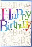 The image shows a birthday card that radiates the same kind of bright, relaxed energy you might feel wandering through South Hackney on a sunny afternoon. Across the middle, the words "Happy Birthday" are written in large, rounded letters that seem almost three-dimensional, as if they could step off the page into a party near London Fields. Each letter wears its own shade from a full spectrum of colour: rich reds and pinks soften into velvety purples, melt into deep and sky blues, then turn into teal, vibrant green, warm orange and golden yellow. These hues blend softly at their borders, creating a smooth, rainbow gradient reminiscent of carefully arranged blooms in a mixed bouquet. Around the central greeting, small star shapes and flecks of bright colour are dotted like playful confetti, suggesting music, laughter, and movement in the air. The entire background is filled with delicate lines of gold script, repeating the words "Happy Birthday to you" again and again in looping cursive, forming a shimmering backdrop. The metallic gold picks up the light gently, similar to the way evening sun highlights the tops of trees around Victoria Park. The card's surface appears sleek, slightly glossy, and cool under the fingertips, with a faintly raised feel where the gold ink sits. The overall design balances bold, youthful colour with a more refined, almost poetic underlayer, making it perfect for both a fun gathering and a more intimate celebration at home. It's easy to imagine this card tucked into a colourful bouquet delivered by Florist South Hackney to a home off Well Street, adding a spark of visual joy to the birthday surprise.