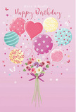 A whimsical birthday celebration seems to unfurl on a soft pink canvas, as though it were drifting above the canals and cobbled corners of South Hackney. A playful array of pastel balloons rises toward the top of the image, each balloon with its own expressive character. Some are wrapped in candy-coloured stripes that twist like ribbons in a gentle breeze, others are sprinkled with lively polka dots, and at the centre a heart-shaped balloon radiates affection and warmth, like a loving birthday message shared over coffee near London Fields. The balloons glow in hues of blush pink, sea green, pale lemon, mauve, and lavender, their glossy surfaces catching an imagined light that gives them depth and movement. Below this floating parade, a hand-tied bouquet forms a charming anchor. Roses and anemone-like blossoms in creamy ivory, blush, and soft mauve gather closely together, their feathery petals layered and full, as if freshly arranged by a skilled florist for a birthday surprise in South Hackney. The stems are bound with a violet satin bow, its smooth ribbon pulled into a neat, shimmering knot that adds a note of elegance. Scattered around the composition are tiny stars and fluttering butterflies, lending a fairy-tale touch, like the quiet magic of a surprise gift arriving at the door. The entire artwork feels light, airy, and joyfully festive, with a hint of imagined floral fragrance in the air. It captures the spirit of an unforgettable birthday-sweet, playful, and filled with heartfelt warmth, perfectly suited to celebrations across South Hackney.